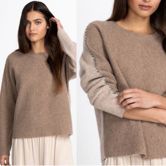 JOHNNY WAS CALME 100% Cashmere Color Block Waffle Sweater NEW Taupe Tan Size L
